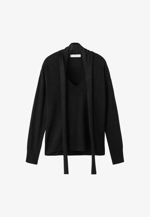 Suéter negro ligero de punto con escote en V, mangas largas y detalles de lazo en la parte frontal. Textura suave con un corte holgado.