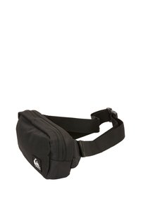 Schwarze Stoff-Gürteltasche mit rechteckiger Form, ausgestattet mit zwei Reißverschlussfächern und einem verstellbaren Riemen. Logo-Patch auf der Vorderseite.