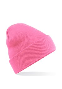 Pink knit beanie with a ribbed texture, featuring a folded cuff and a slightly pointed top. Material appears soft and stretchy.