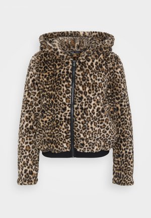 Veste à capuche en velours imprimé léopard, dotée d'une fermeture éclair à l'avant et de poignets côtelés. Texture douce avec un design court.
