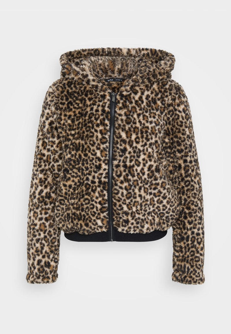 Veste à capuche en velours imprimé léopard, dotée d'une fermeture éclair à l'avant et de poignets côtelés. Texture douce avec un design court.