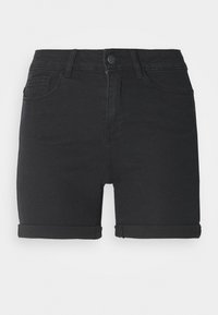Pantalones cortos de mezclilla negra con cintura alta, diseño de cinco bolsillos y puños doblados. Cuenta con un cierre de botón y cremallera, textura lisa y costuras mínimas.