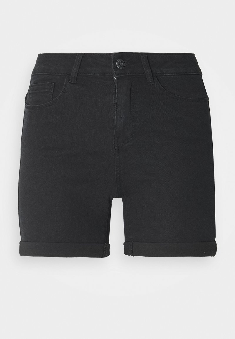 Pantalones cortos de mezclilla negra con cintura alta, diseño de cinco bolsillos y puños doblados. Cuenta con un cierre de botón y cremallera, textura lisa y costuras mínimas.