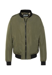 Olivgrüne Bomberjacke aus Nylon mit einem Reißverschluss vorne, geripptem Kragen und Bündchen, zwei Seitentaschen und einem Logotag im Inneren.