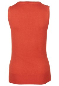 Bezrukávý pletený top v jasně oranžové barvě, s žebrovaným lemem a texturou. Zadní strana je hladká s kulatým výstřihem.