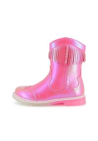 Bottines métalliques roses avec des franges, fermeture éclair sur le côté, bout rond, semelle blanche contrastante et logo "BILLIEBLUSH" sur le côté.