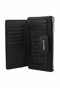 Cartera de cuero negra con múltiples compartimentos para tarjetas, una ventana de identificación de malla con patrones de corazones, y un cierre tipo zip-around con un detalle en hardware plateado.