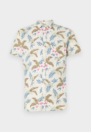 Kortärmad skjorta i ljus beige bomull, med ett tropiskt blommönster i rosa och blå nyanser, samt knäppning fram.