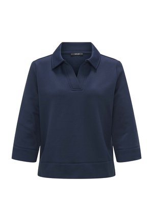 Marineblauwe pullover met V-hals en kraag, driekwartmouwen, textiele stof en een relaxte pasvorm. Eenvoudig, strak ontwerp.