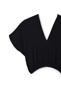 Top nero con scollatura a V profonda, maniche corte e larghe, e orlo arricciato in elastico. Realizzato in un tessuto morbido con una texture liscia.