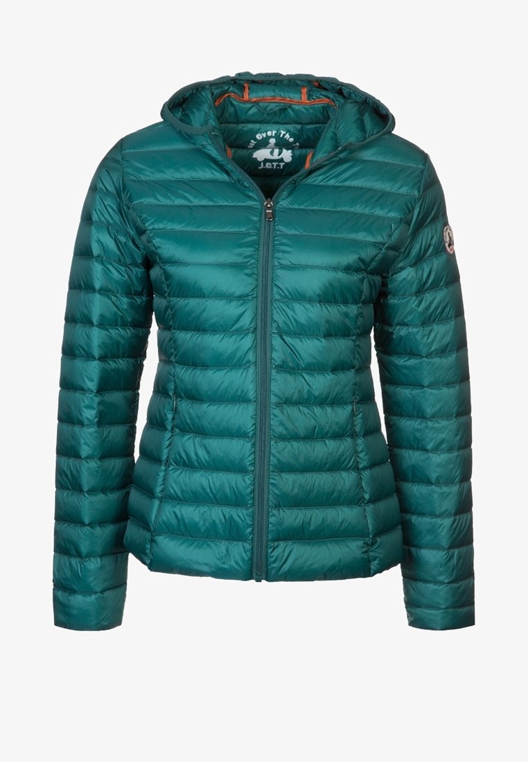 Turbanskia puchowa, z kapturem, z pikowanym wzorem, z zamkiem błyskawicznym z przodu i pomarańczowym podszewką. Posiada naszywkę z logo na rękawie.