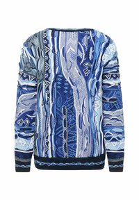 Gestrickter Pullover mit einem abstrakten blauen Muster mit verschiedenen Texturen, langen Ärmeln sowie einem gerippten marineblauen Saum und Bündchen.