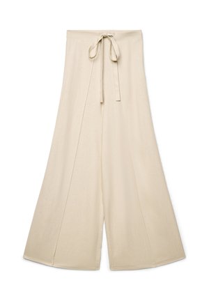Pantaloni beige a gamba larga con vita alta e cintura in tessuto abbinato annodata sul davanti.