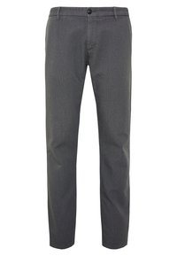 Grå vävda byxor med rak bendesign, utrustade med knapp- och dragkedjestängning, sidofickor och ett subtilt strukturerat mönster.