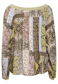 Haut à manches longues avec un col décolleté, présentant un mélange de tons terreux, de motifs floraux et géométriques, et un col orné d'accents métalliques.