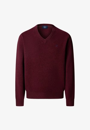 Jersey de lana burdeos con cuello en V, mangas largas y pequeño logo bordado en el pecho izquierdo. Puños y bajo acanalados.