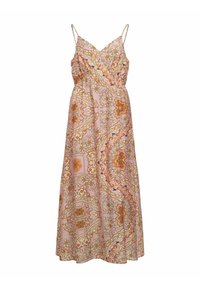 Vestido maxi de tela rosa clara con intrincados patrones florales y geométricos en naranja y verde, con tirantes ajustables tipo espagueti y escote en forma de V.