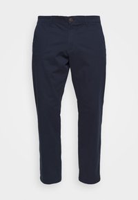 Navy blue, straight-leg pants made of cotton with a button closure, front pockets, and a smooth texture, featuring a classic design.
