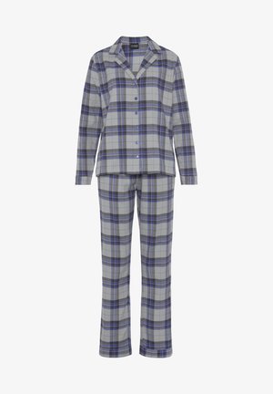 Gray plaid pajama set made of soft fabric, featuring a button-down shirt with a collar and long pants with a relaxed fit.