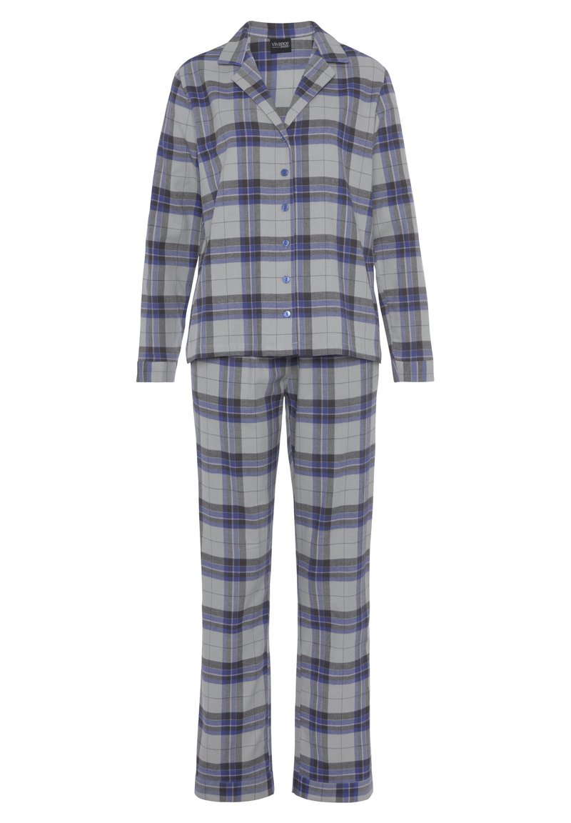 Gray plaid pajama set made of soft fabric, featuring a button-down shirt with a collar and long pants with a relaxed fit.