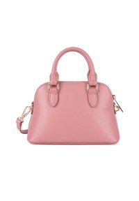 Borsa a tracolla in pelle rosa con forma strutturata, doppi manici superiori e tracolla staccabile. Presenta finiture in metallo dorato e chiusura con zip.