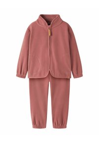 Ensemble en polaire à deux pièces en rose poussiéreux, comprenant une veste zippée avec un col haut, des poches sur les côtés et des poignets élastiques ; un pantalon assorti avec une taille élastique.