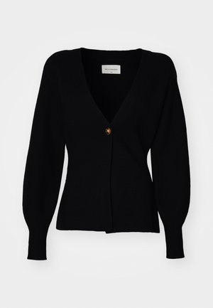 Black knitted cardigan with a deep V-neck, single button closure, and puffed long sleeves, featuring a ribbed texture and fitted silhouette.