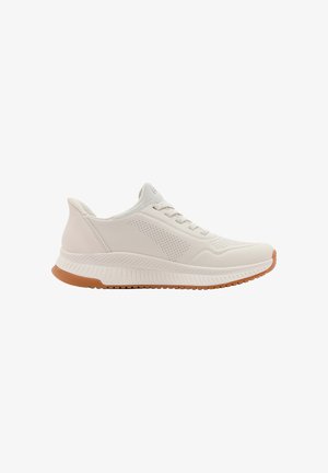 White athletic shoes with a textured upper, round toe, and lace closure. Features a rubber sole with a light brown accent and perforated design.
