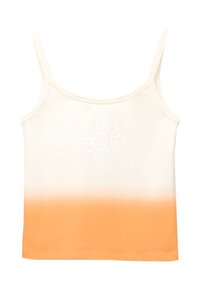 Katoenen tanktop met dunne banden; crèmekleurige bovenkant die vervaagt naar een oranje verloop; heeft een witte zonnenontwerp op de borst. Gladde textuur.