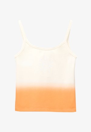 Pametna pamučna majica bez rukava s tankim naramenicama; kremasto gornji dio koji prelazi u narančasti gradijent; na prsima ima bijeli dizajn sunca. Glatka tekstura.