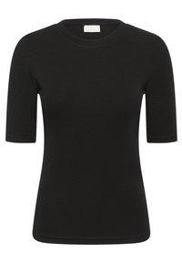 Zwarte aansluitende t-shirt met korte mouwen en ronde hals, met ribbelstructuur en een klein wit label in de kraag.