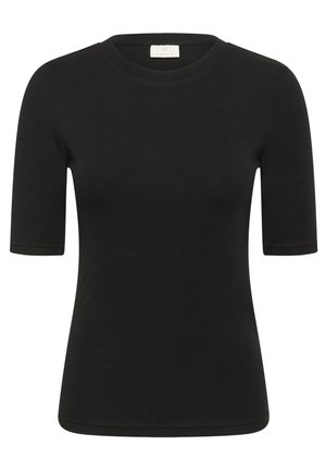 Haut noir ajusté à manches courtes avec un col rond, en texture côtelée et une petite étiquette blanche à l'intérieur du col.
