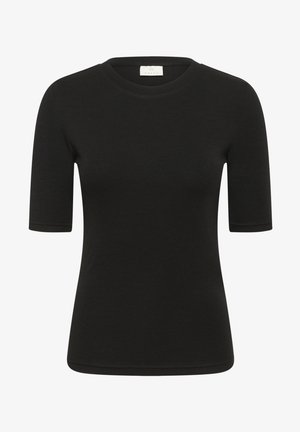 Schwarzes, figurbetontes Kurzarm-T-Shirt mit Rundhalsausschnitt und gerippter Textur sowie einem kleinen weißen Etikett im Kragen.