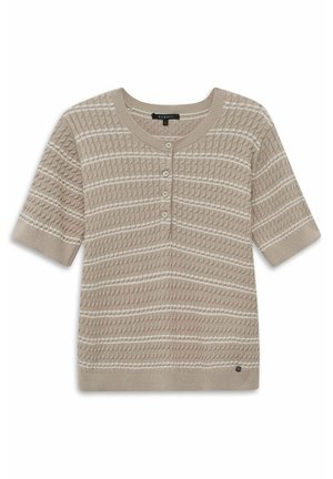 Beige short-sleeve knit sweater with white horizontal stripes, cable knit pattern, round neckline, and four front buttons.