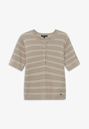 Beige short-sleeve knit sweater with white horizontal stripes, cable knit pattern, round neckline, and four front buttons.