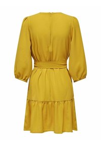 Robe jaune longueur genou avec manches longues bouffantes, ceinture cintrée à la taille, fermeture éclair dans le dos et ourlet à volants froncés.