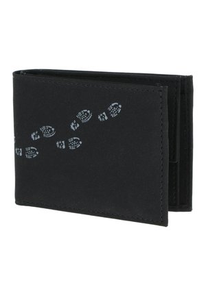 Black bifold wallet with gray boot print pattern diagonally across the front, made of smooth material with visible stitching edges.