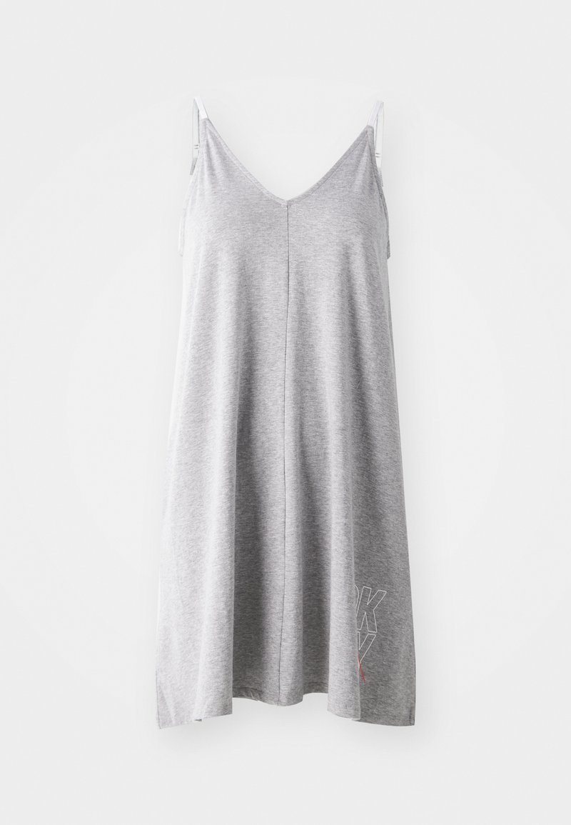 Gray sleeveless dress made of soft cotton fabric, featuring a V-neck design, relaxed fit, and a small white logo detail near the hem.