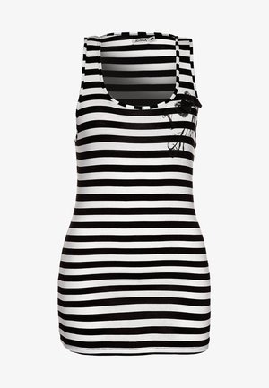 Black and white striped tank top with a scoop neckline; features a decorative floral accent on the left side near the shoulder.