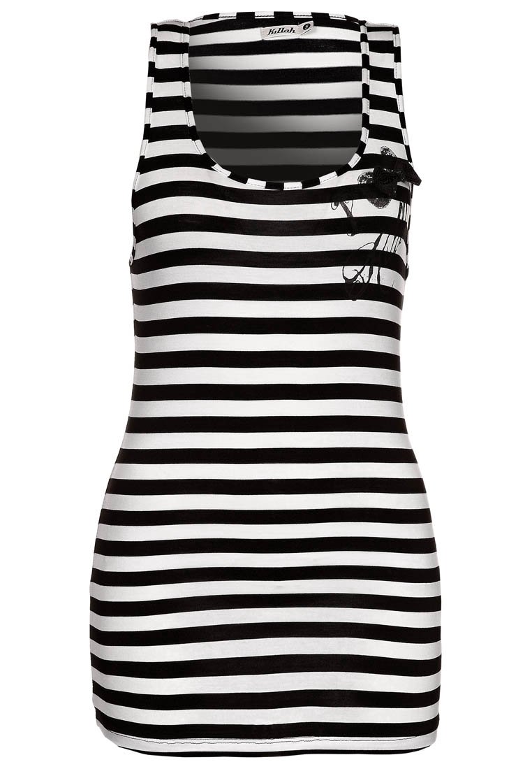 Black and white striped tank top with a scoop neckline; features a decorative floral accent on the left side near the shoulder.