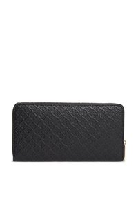 Μαύρο δερμάτινο πορτοφόλι με υφή στο σχέδιο, κλείσιμο με φερμουάρ σε όλο το μήκος και χρυσές μεταλλικές λεπτομέρειες. Ορθογώνιο σχήμα, λεία επιφάνεια.