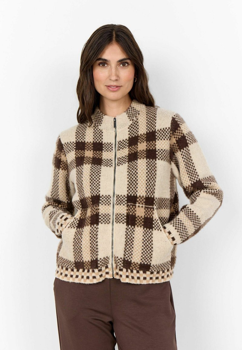 Beige und braun karierter Fleece-Jacke mit Reißverschluss und strukturiertem Muster, mit rundem Ausschnitt und zwei Fronttaschen.