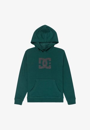 Sudadera con capucha de color azul verdoso, hecha de tela suave, con un bolsillo canguro y un logo negro de DC en el pecho. Los puños son de canalé.