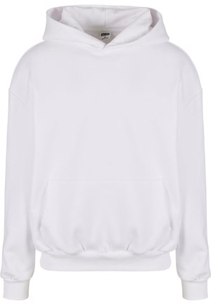 Witte hoodie van zacht materiaal, met een grote capuchon, een frontale buidelzak en elastische manchetten en zoom. Minimalistisch ontwerp.