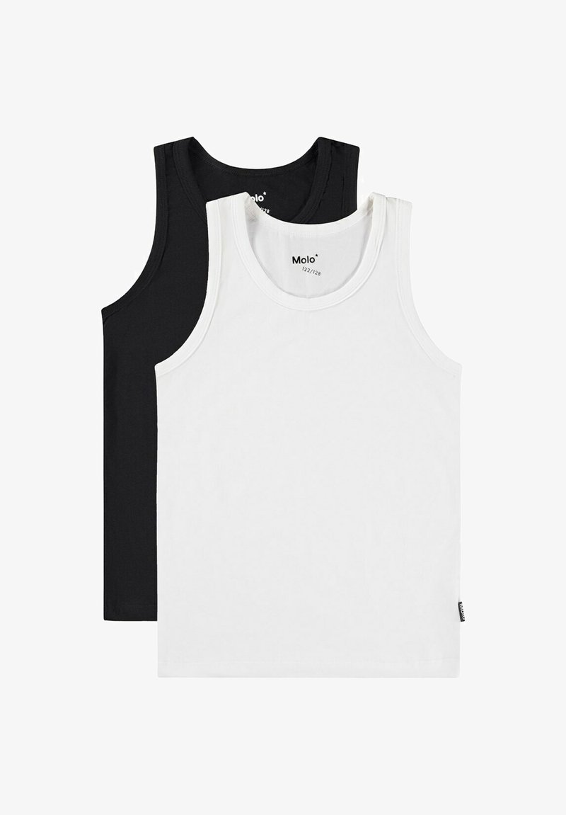 Due canotte: una nera e una bianca. Entrambe presentano un morbido tessuto di cotone, scollature rotonde e una vestibilità regolare. Etichetta del marchio visibile di lato.