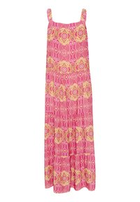 Maxi dress in pink fabric with gold floral and scroll pattern, featuring spaghetti straps and a tiered hem design.