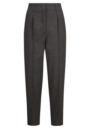 Dark gray tailored pants with pleats at the front, tapered legs, and belt loops on a white background.