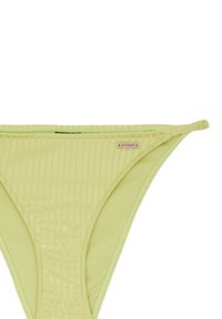 Žalias juostuotas bikinio dugnas, pasižymintis aukštu kirpimu ir plonomis šoninėmis juostelėmis, ant juosmens esantis mažas logotipo ženklas. Minkšta tekstūra.