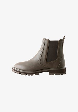 Braune Chelsea-Stiefelette aus Leder mit elastischen Seitenpaneelen, Zugschlaufe hinten und robustem Gummisohle.