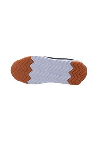 Suela de zapatilla deportiva Nike con un patrón en zigzag. Presenta una base de goma blanca que transiciona a una sección naranja. Texturizada para mayor agarre.